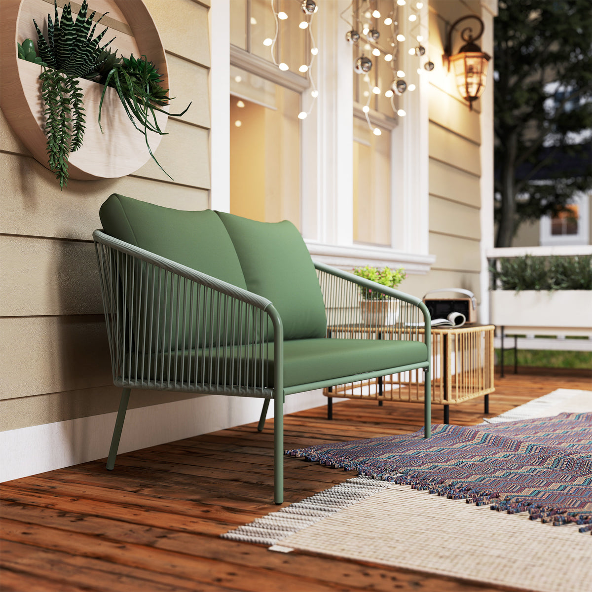Outsunny Gartensofa mit Kissen 2-Sitzer Rattan Sofa Lounge Sofa Outdoor Balkon Sofa 112 x 72 x 76 cm Grün