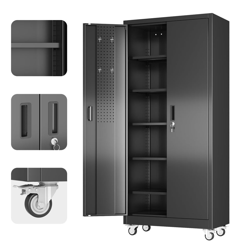 Aobabo Metal Storage Cabinet with Lock, Garage Storage Cabinet with Wheels, 72in Steel Storage Cabinet for Garage Home Storage, Black Required - Assembly