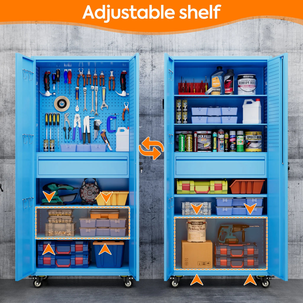 Aobabo Metal Storage Cabinet with Lock, Garage Storage Cabinet with Wheels, 72in Steel Storage Cabinet for Garage Home Storage, Black Required - Assembly