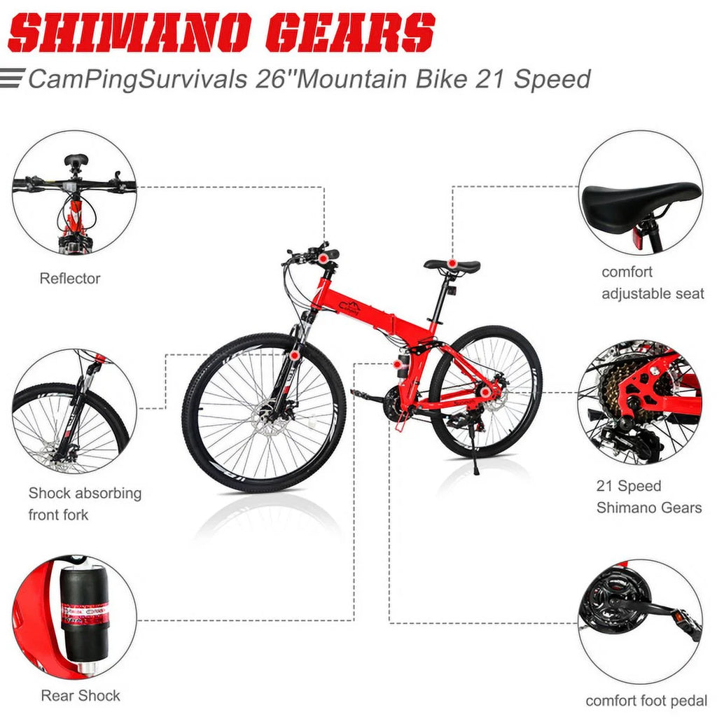 Ambifirner 26 in Folding Mountain Bike Under 250$ Men Mountain Bike 21 Speed, High Carbon Steel, Disc Brake Folding Bikes for Adults/Men/Women Red