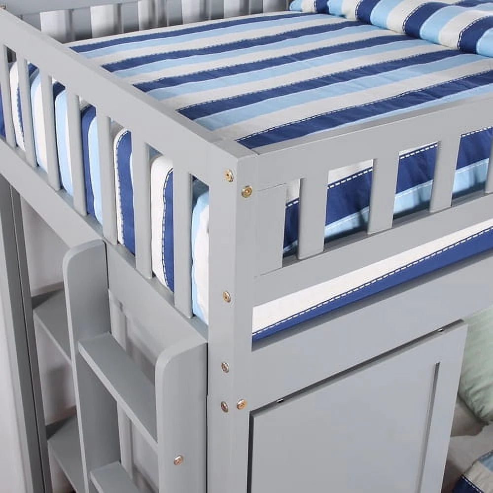 Twin Loft Bed with Closet & Desk, Wood Bed Frame with Movable Bed, Bunk Bed for Kids Adult, Gray