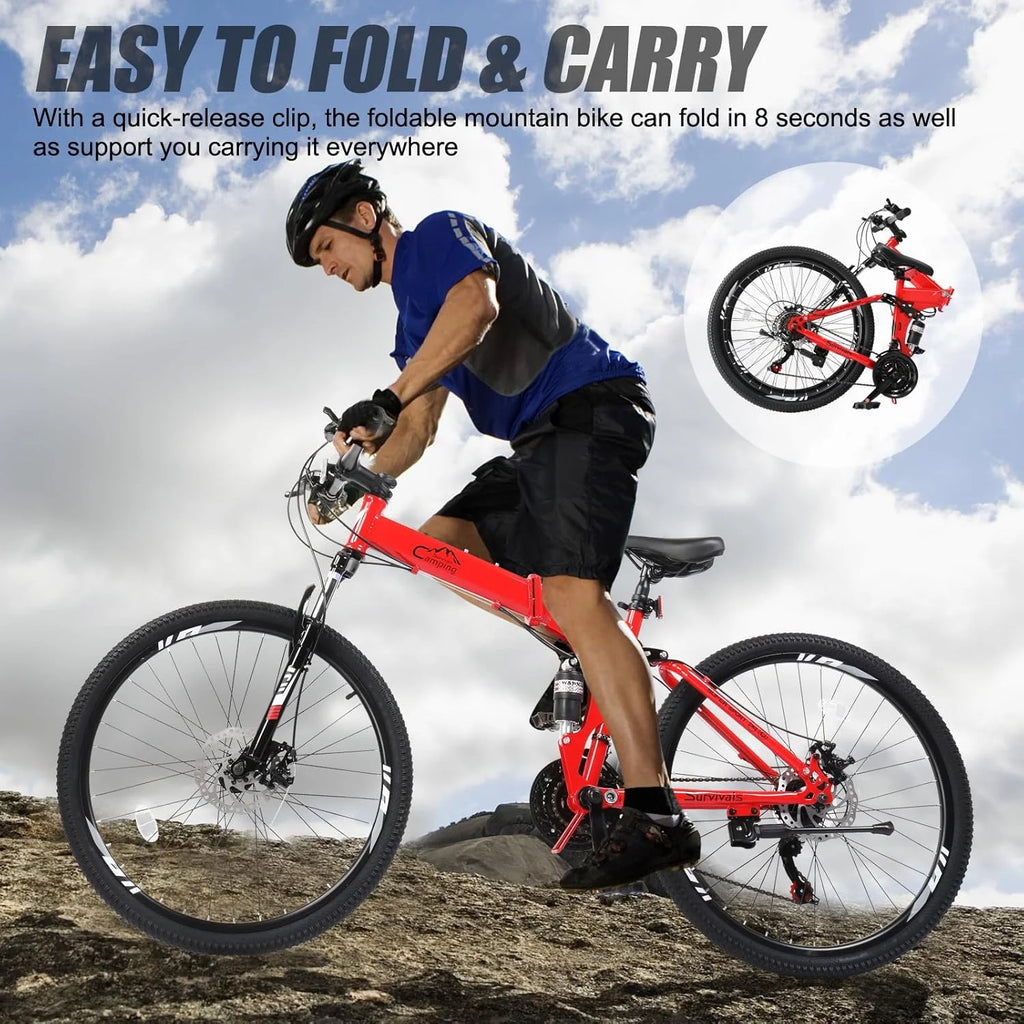 Ambifirner 26 in Folding Mountain Bike Under 250$ Men Mountain Bike 21 Speed, High Carbon Steel, Disc Brake Folding Bikes for Adults/Men/Women Red
