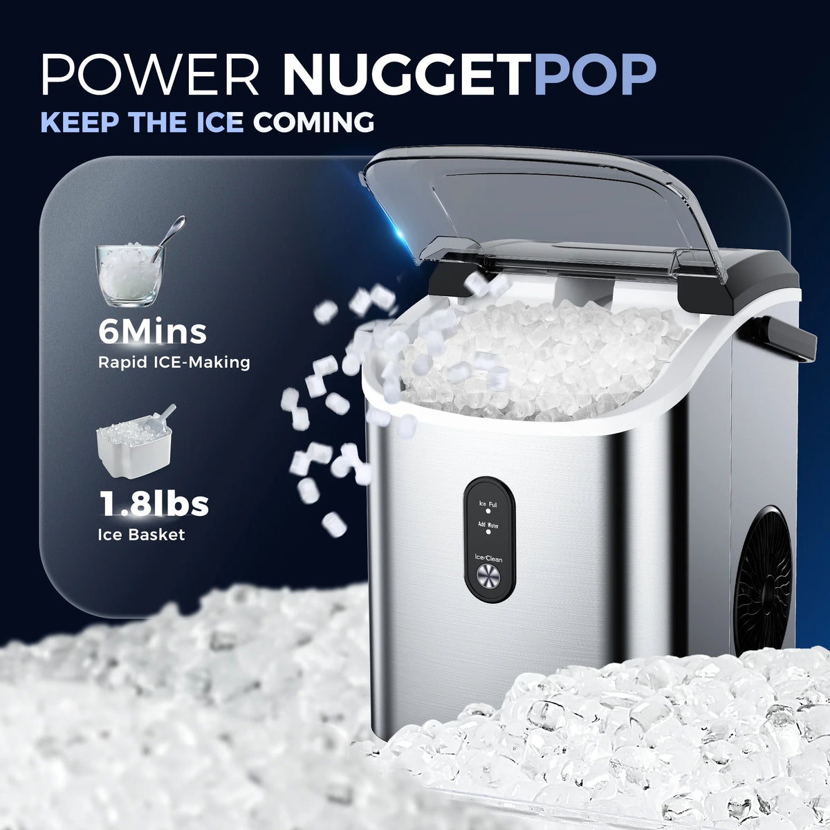Simzlife Nugget Ice Maker Countertop, 34.9 lb per Day Chewable Pebble Nugget Ice Machine with Touch Screen for Home, Kitchen, Office, Stainless Steel, Black