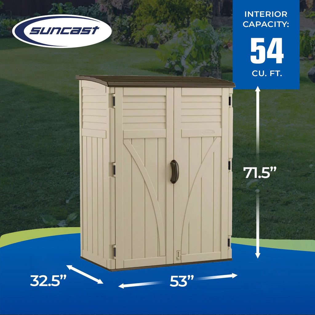 Suncast Large Vertical Shed for Storing Oudoor Tools, & Equipment, Sand