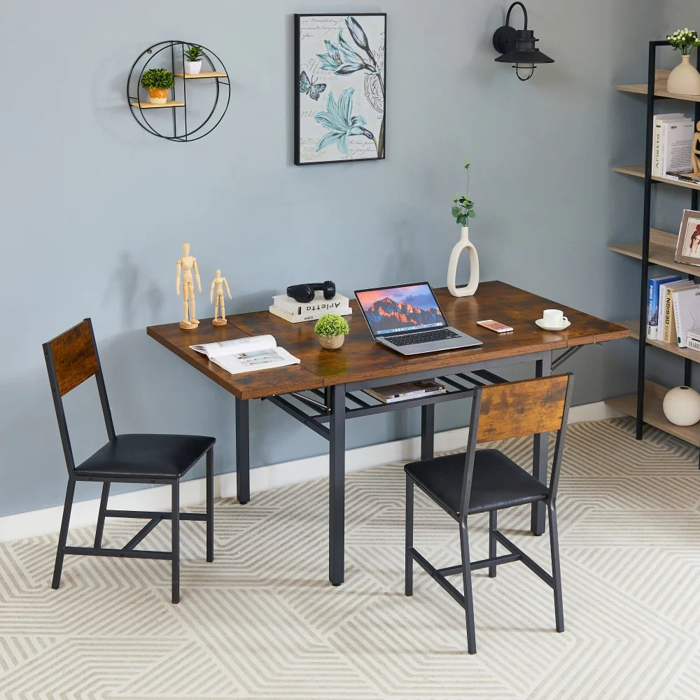 Folding Dining Table, Kitchen Table Foldable Dining Room Dinner Drop Leaf Tables for Small Spaces, Seats 2 - 6 People, 63.2'' L x 35.5'' W x 30.5'' H, Rustic Brown