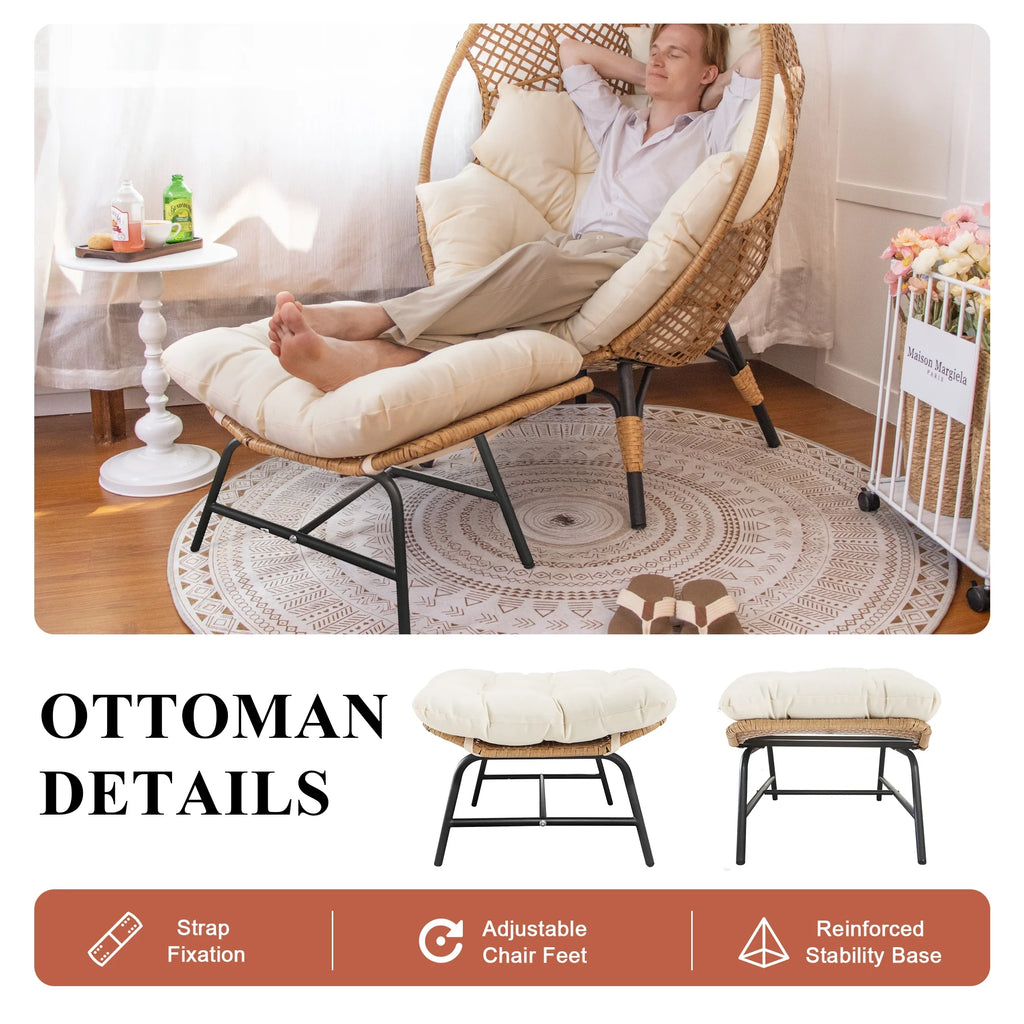 RADIATA 440 lb Outdoor Egg Chair with Foot Rest & Ottoman, Wicker Patio Egg Chair for Indoor or Garden, Beige