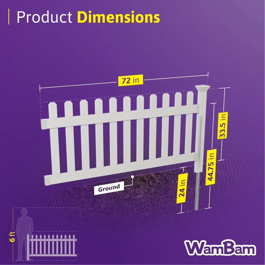 3ft H x 6ft W (1 Panel + 1 Post) No Dig Wambam Newport Fence Kit, White Vinyl Picket Fence, Easy Install Outdoor Fence for Backyard or Patio, DIY Decorative Fencing, ZP19002