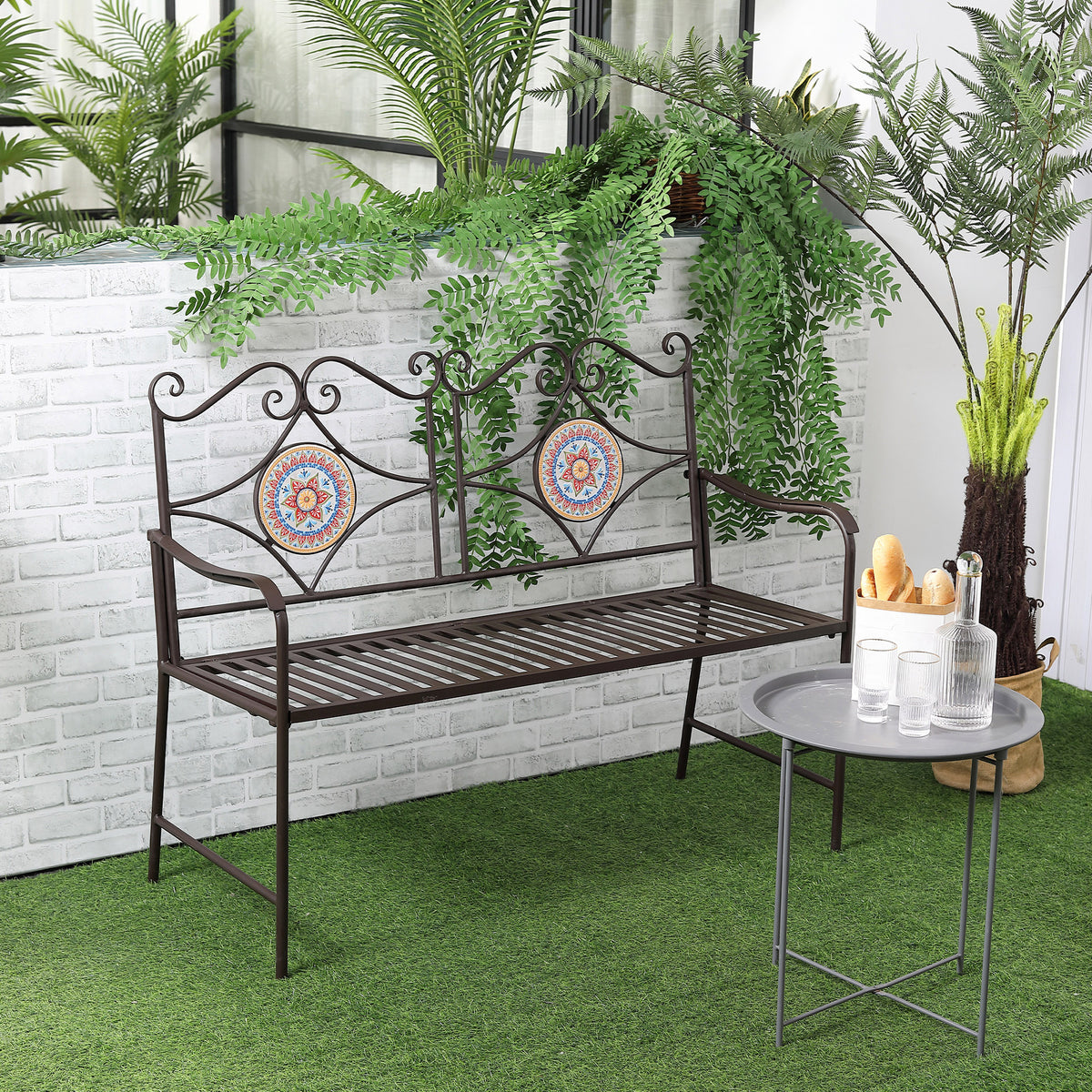 Outsunny Gartenbank im Vintage-Design, 2 Sitzer, wetterbeständig, mit Mosaiksteinen, 121 cm x 52 cm x 93 cm, Mehrfarbig