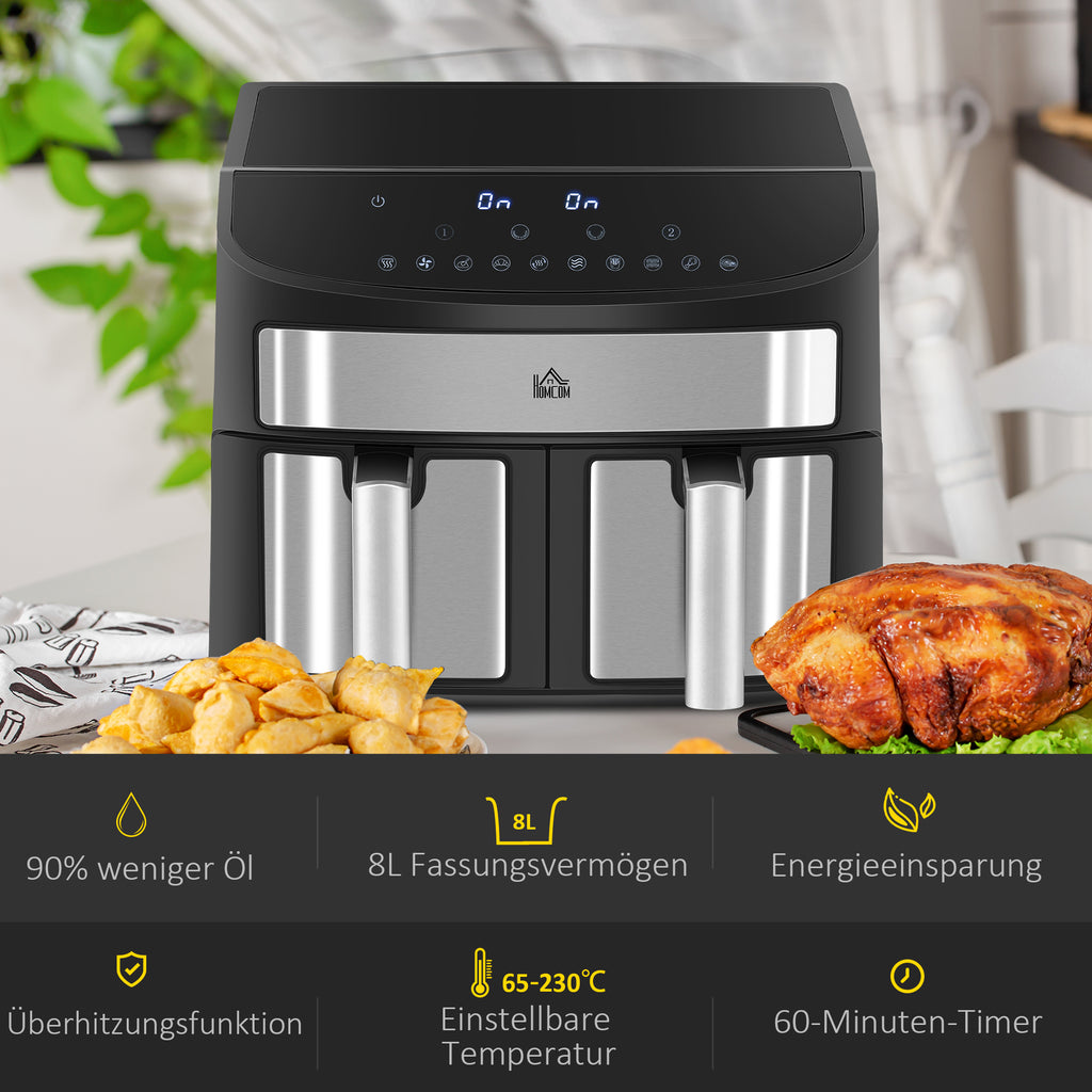 HOMCOM Heißluftfritteuse Multifunktionale Heißluftfritteuse,  8 L Fassungsvermögen, 2 Körbe, 60 min Time, Silber + Schwarz