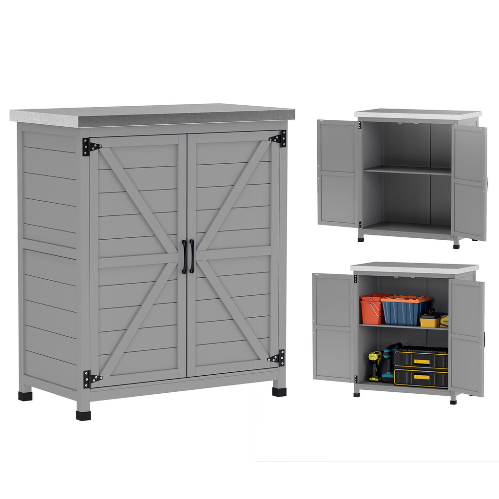 Outsunny Gartenschrank, Außenschrank mit Arbeitsfläche, Werkzeugschrank, Massivholz, Stahl, 79B x 43T x 92H cm, Grau