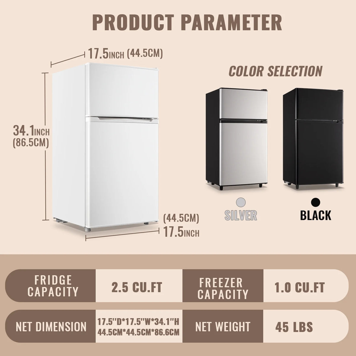 WANAI 3.5 Cu.ft Fridge with Freezer 2 Door Compact Refrigerator Adjustable Thermostat Silver New