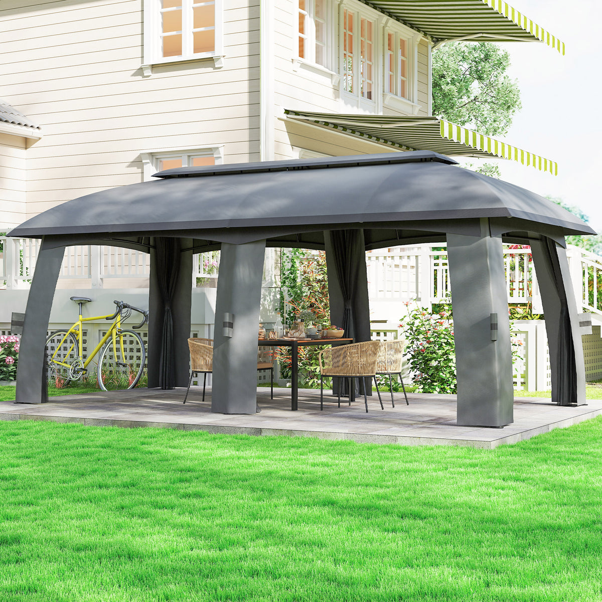 Outsunny Pavillon, Partyzelt, mit Fliegennetzen, Winddach, bis 15 Personen, dunkelgrau, 3 x 6 x 3 m