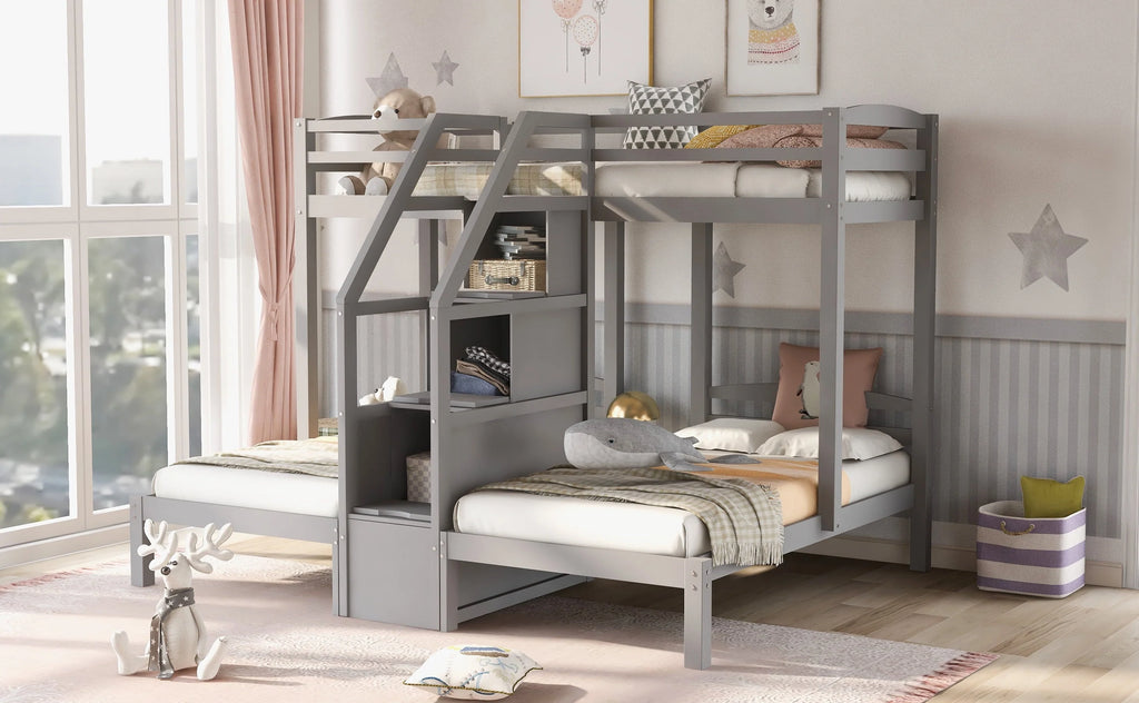 EUROCO Twin Over Twin & Twin Bunk Bed with Staircase and Drawers for Kids Bedroom, 3 - in - 1 Bunk for More Kids, Storage Staircase, Gray