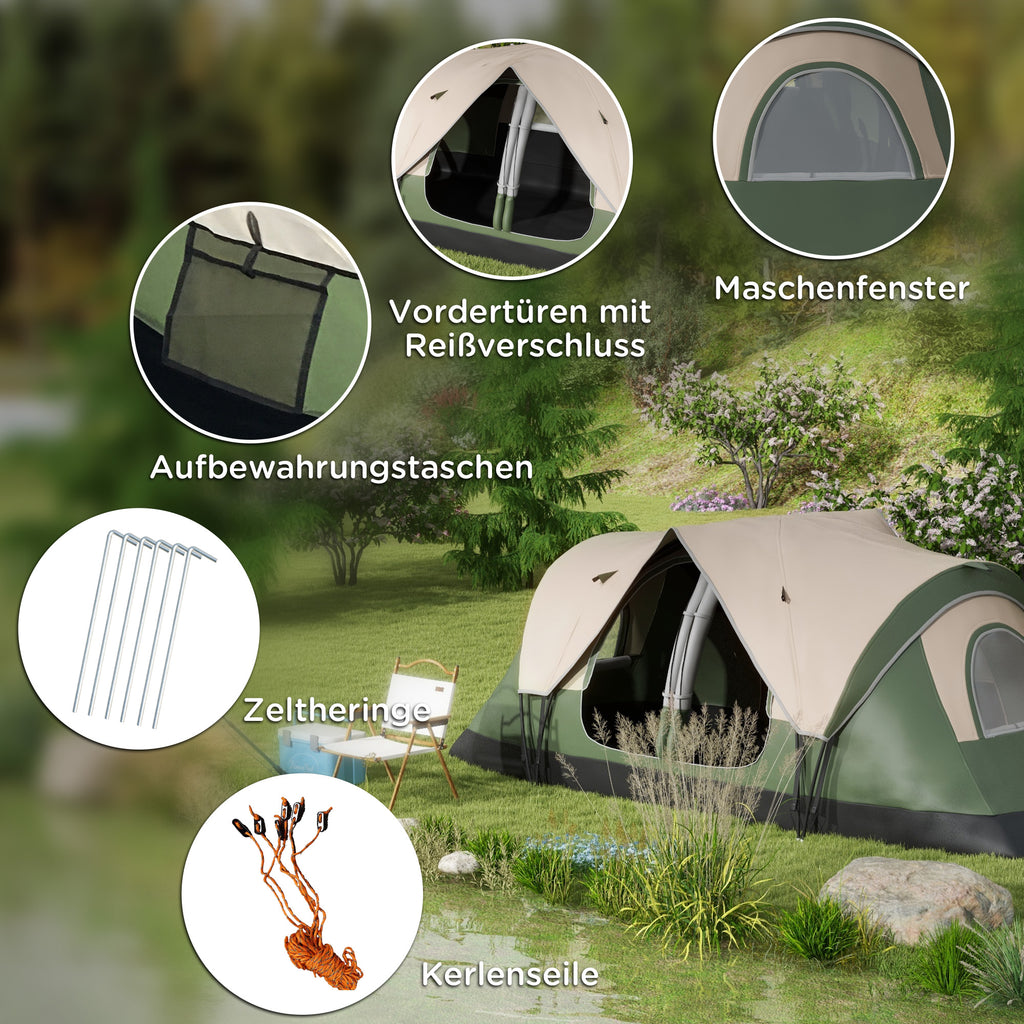 Outsunny Campingzelt, 2 Räume, Trennwand, für 6-8 Personen, Regenschutz, Dunkelgrün