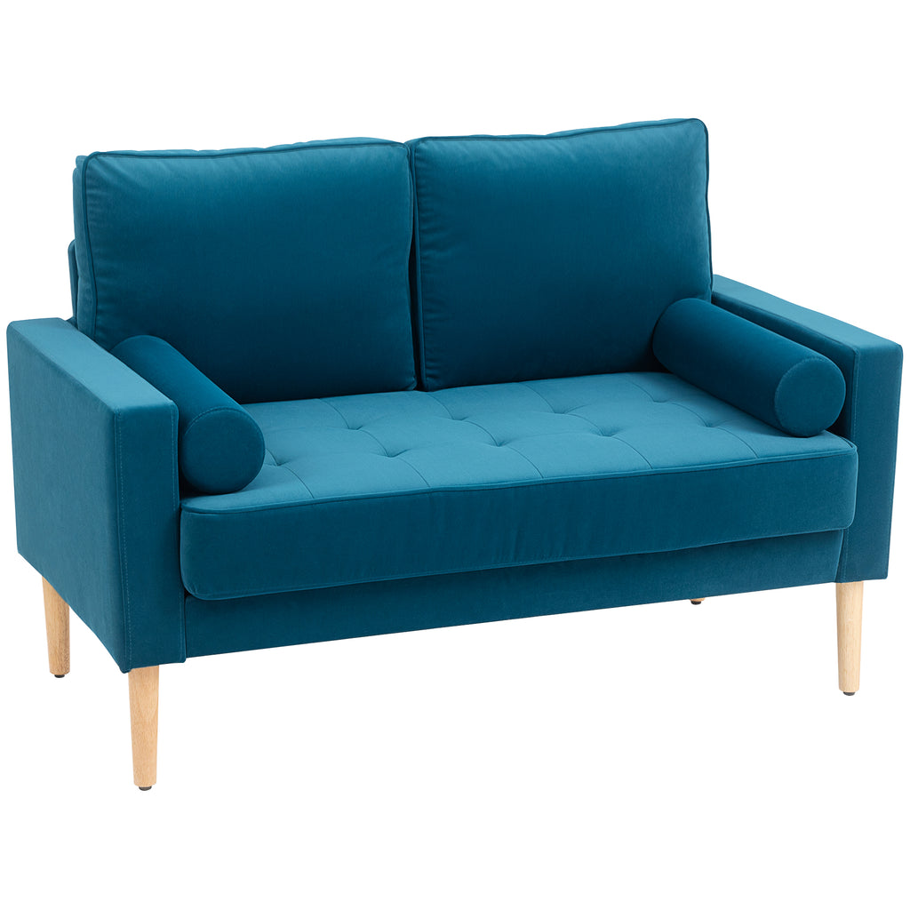 HOMCOM Zweisitzer-Sofa modernes Samtsofa 127 cm mit dickem Polster, 2 Kissen und geknöpfter Sitzfläche, blau