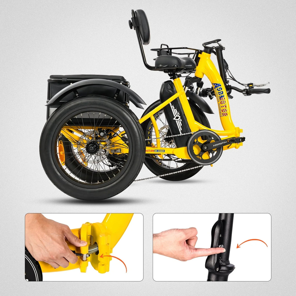 Addmotor Electric Trike, 750W Foldable Electric Tricycle, Folding Electric Trike for Adults, 48V 20ah Removable Battery, 20" Fat Tire Electric Trikes with Rear Speed Differential, M - 330F Yellow
