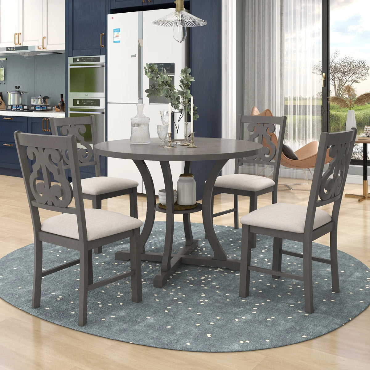 Harper & Bright Designs 5 Pieces Wooden Round Dining Table and Chair Set with Special - Shaped Legs and an Exquisitely Designed Hollow Chair Back for Dining Room