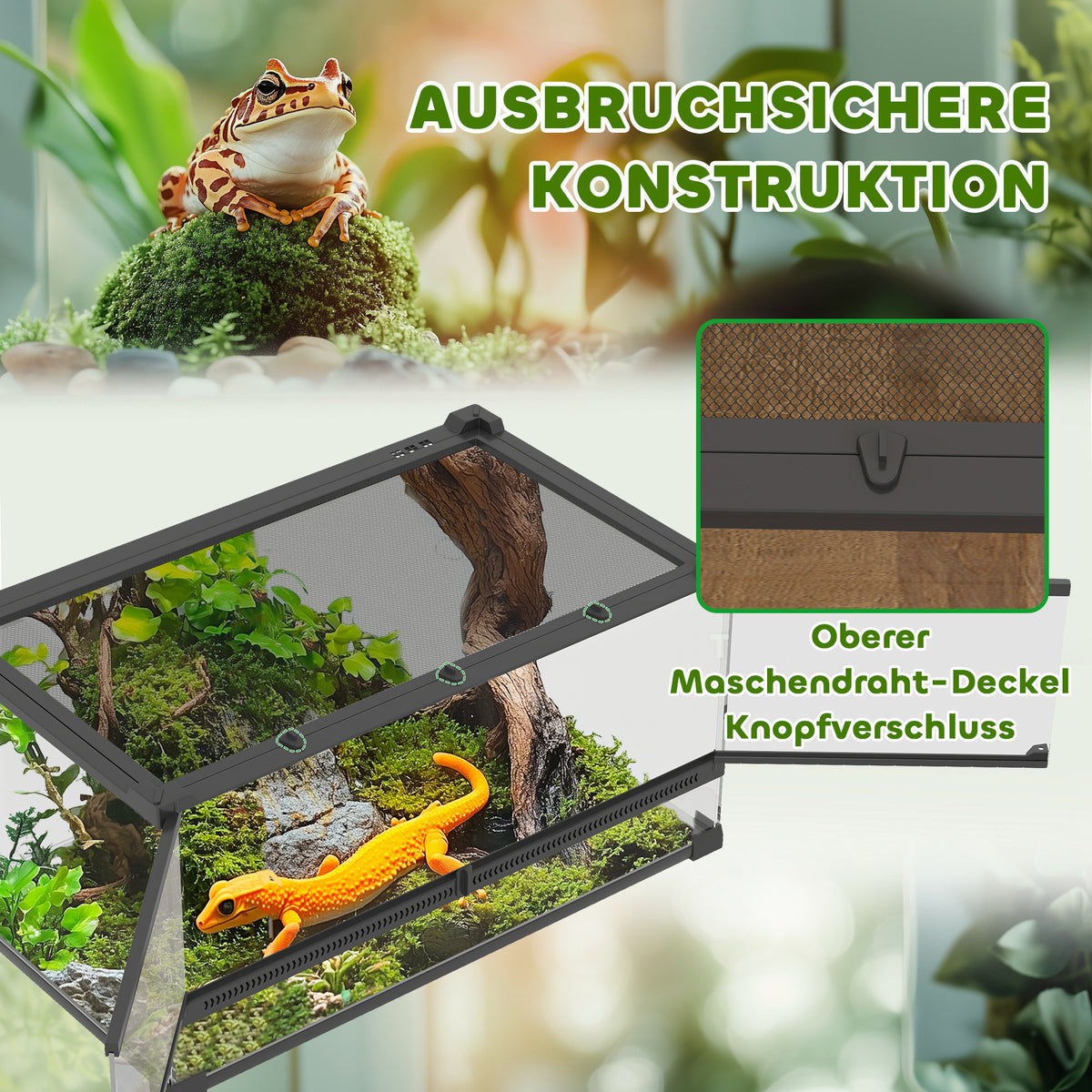 PawHut Glas-Terrarium für Reptilien, erhöhter & wasserdichter Boden, Knopfschloss