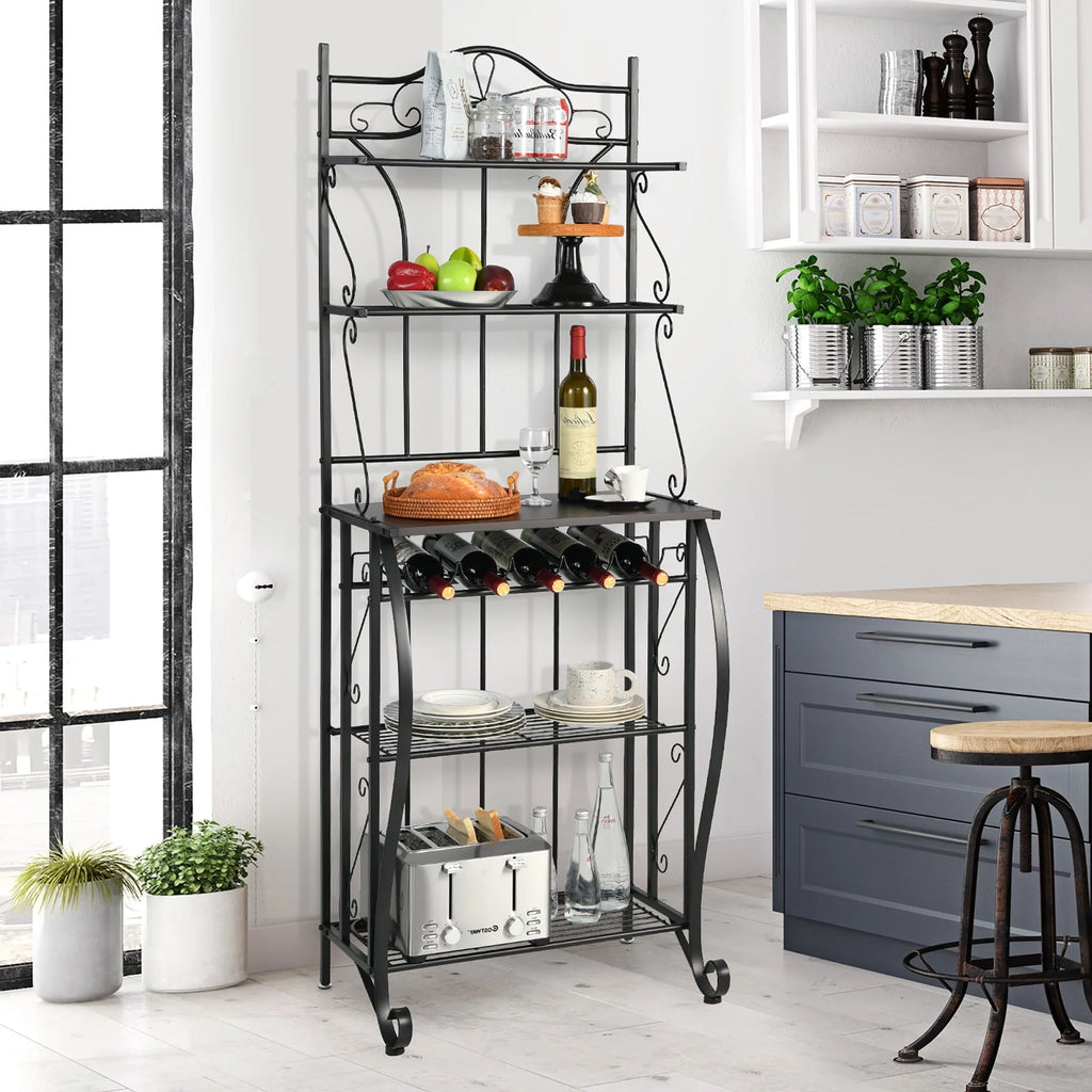 Costway 5 - Tier Metal Kitchen Bakers Rack Microwave Storage Rack Oven Stand with Wine Organizer