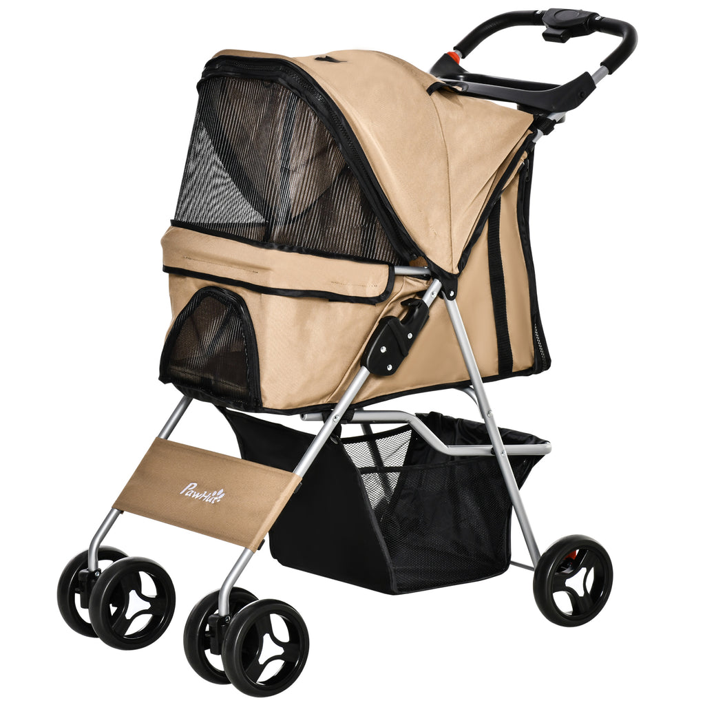PawHut Faltbarer Hundewagen für kleine und Miniaturhunde mit Korb und Getränkehalter, 75x46x94 cm, Braun