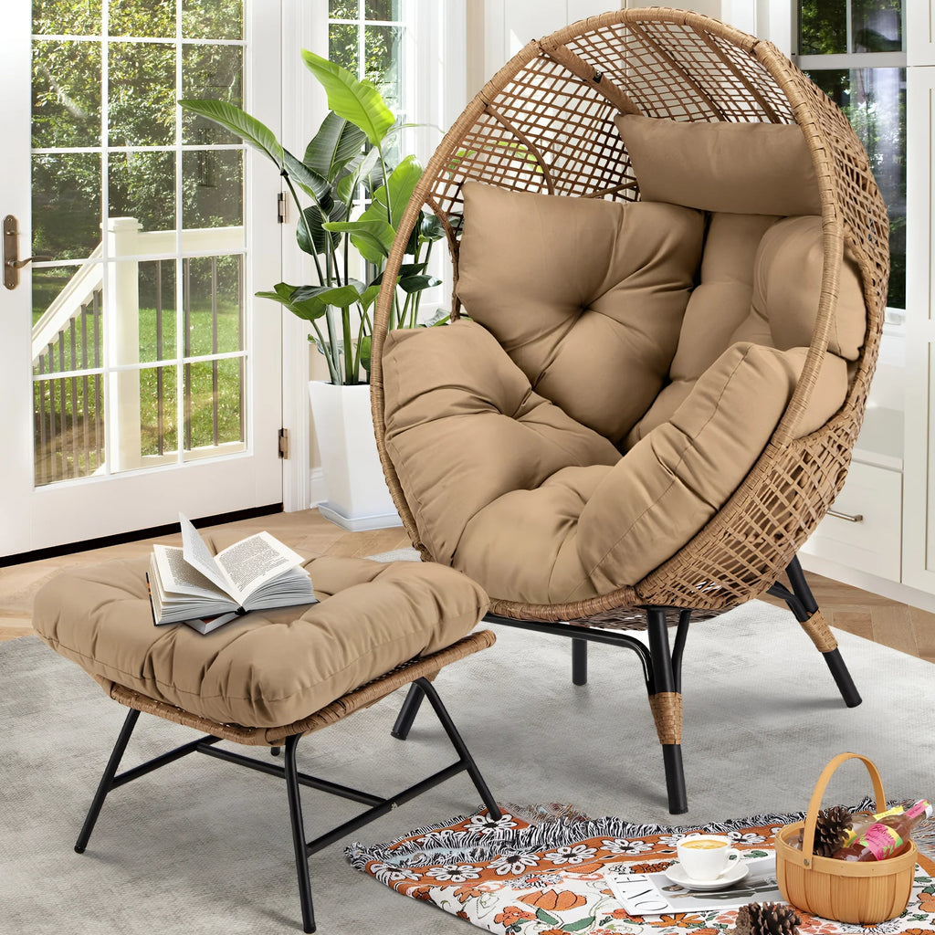RADIATA 440 lb Outdoor Egg Chair with Foot Rest & Ottoman, Wicker Patio Egg Chair for Indoor or Garden, Beige