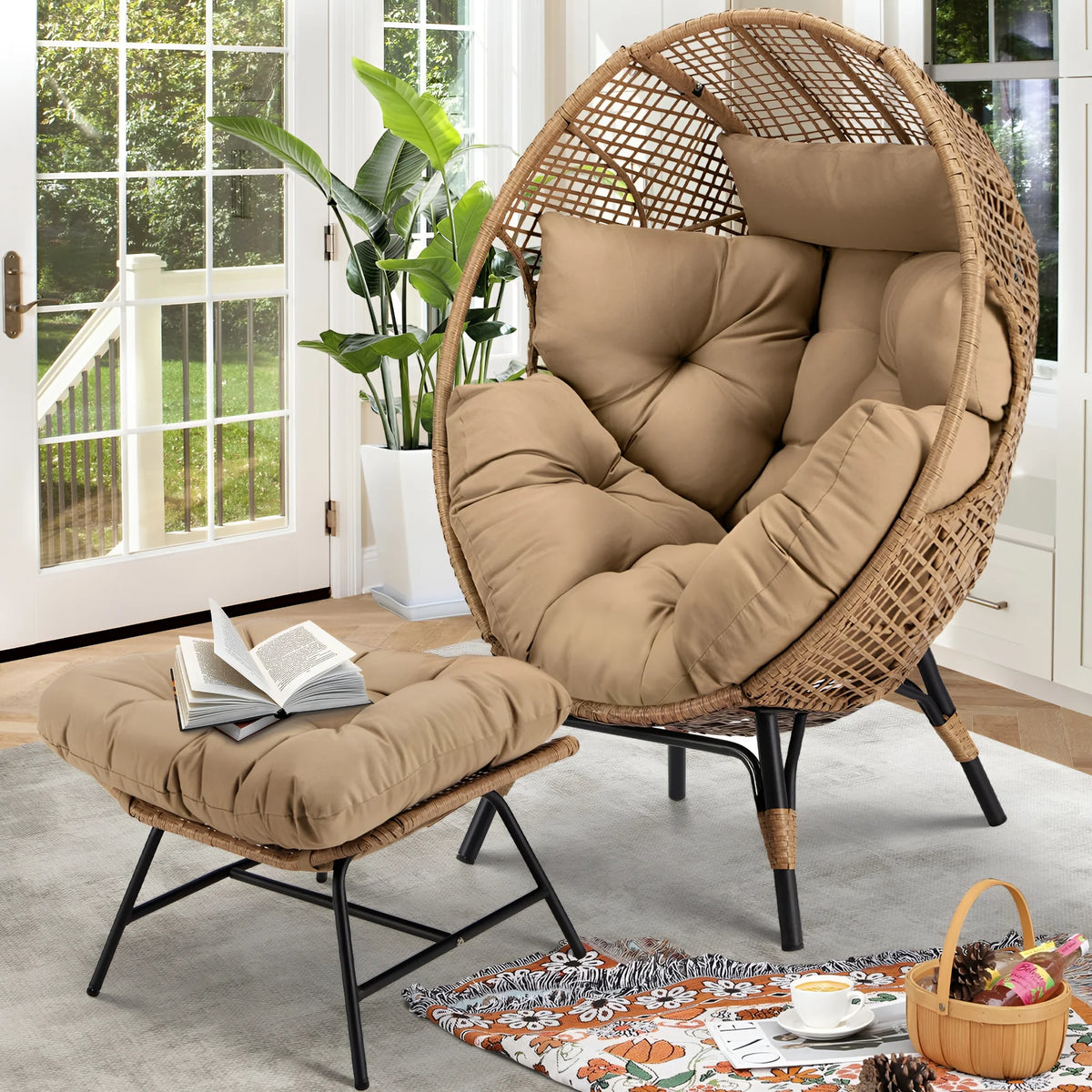 RADIATA 440 lb Outdoor Egg Chair with Foot Rest & Ottoman, Wicker Patio Egg Chair for Indoor or Garden, Beige