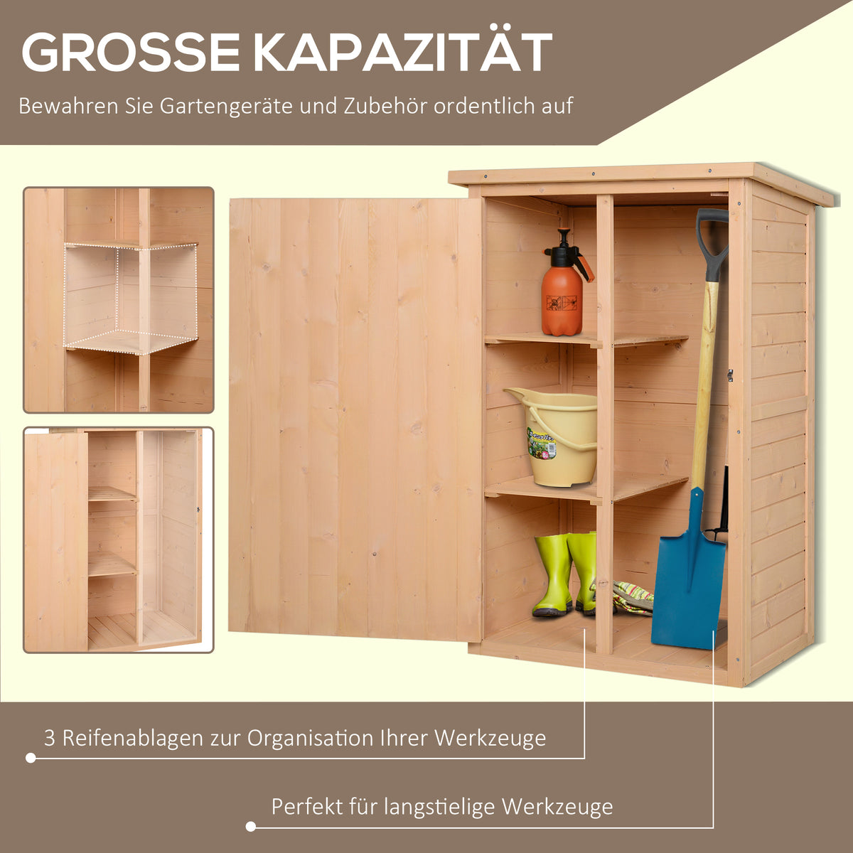 Outsunny Geräteschuppen mit Regalböden wetterbeständig 75 x 56 x 115cm Naturholz
