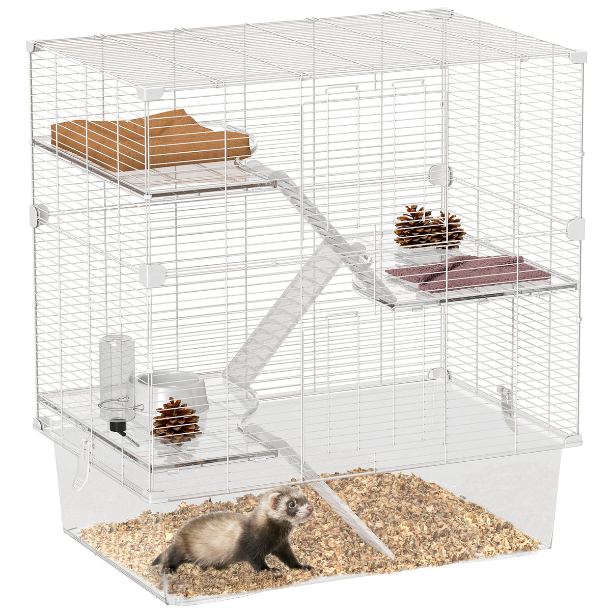 PawHut Nagerkäfig Mehrstöckig mit Zubehör, aus Stahl, PET und PS, 73x47x80 cm, Weiß