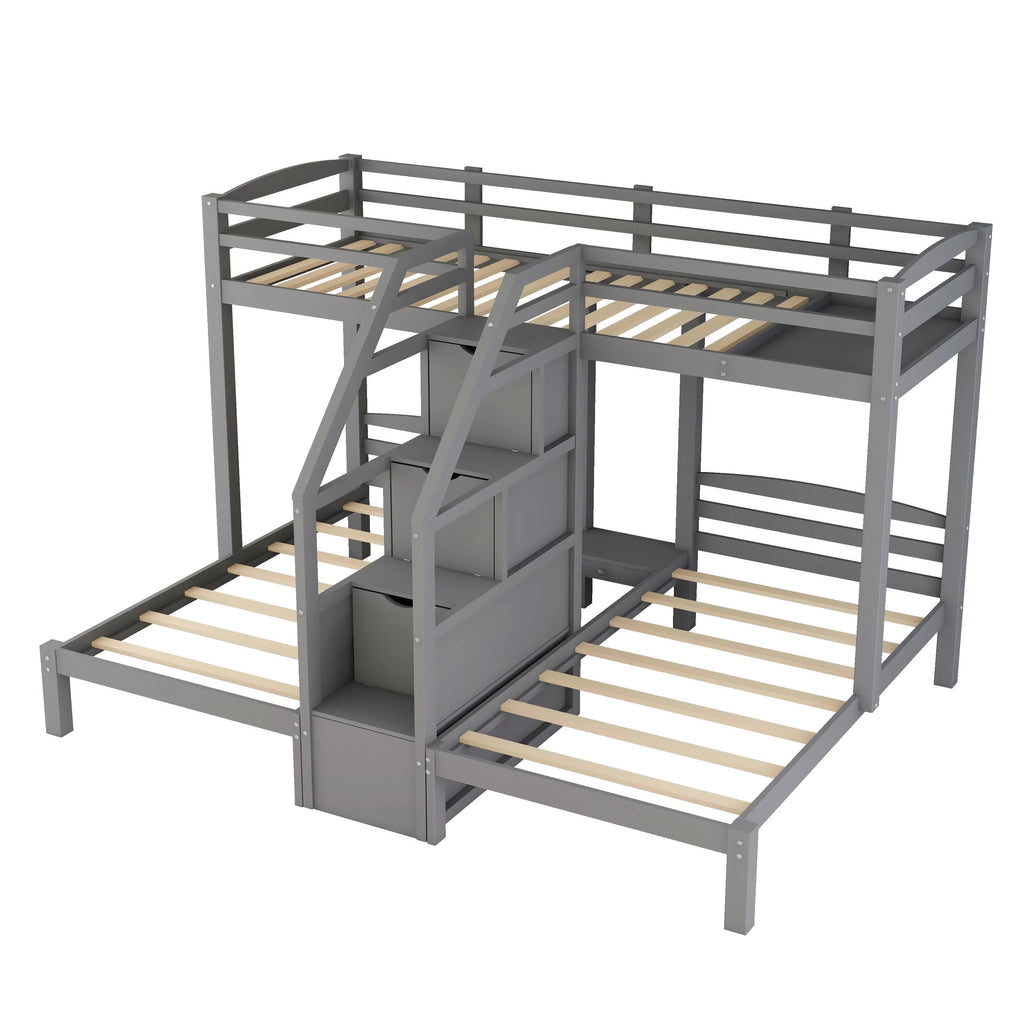 EUROCO Twin Over Twin & Twin Bunk Bed with Staircase and Drawers for Kids Bedroom, 3 - in - 1 Bunk for More Kids, Storage Staircase, Gray