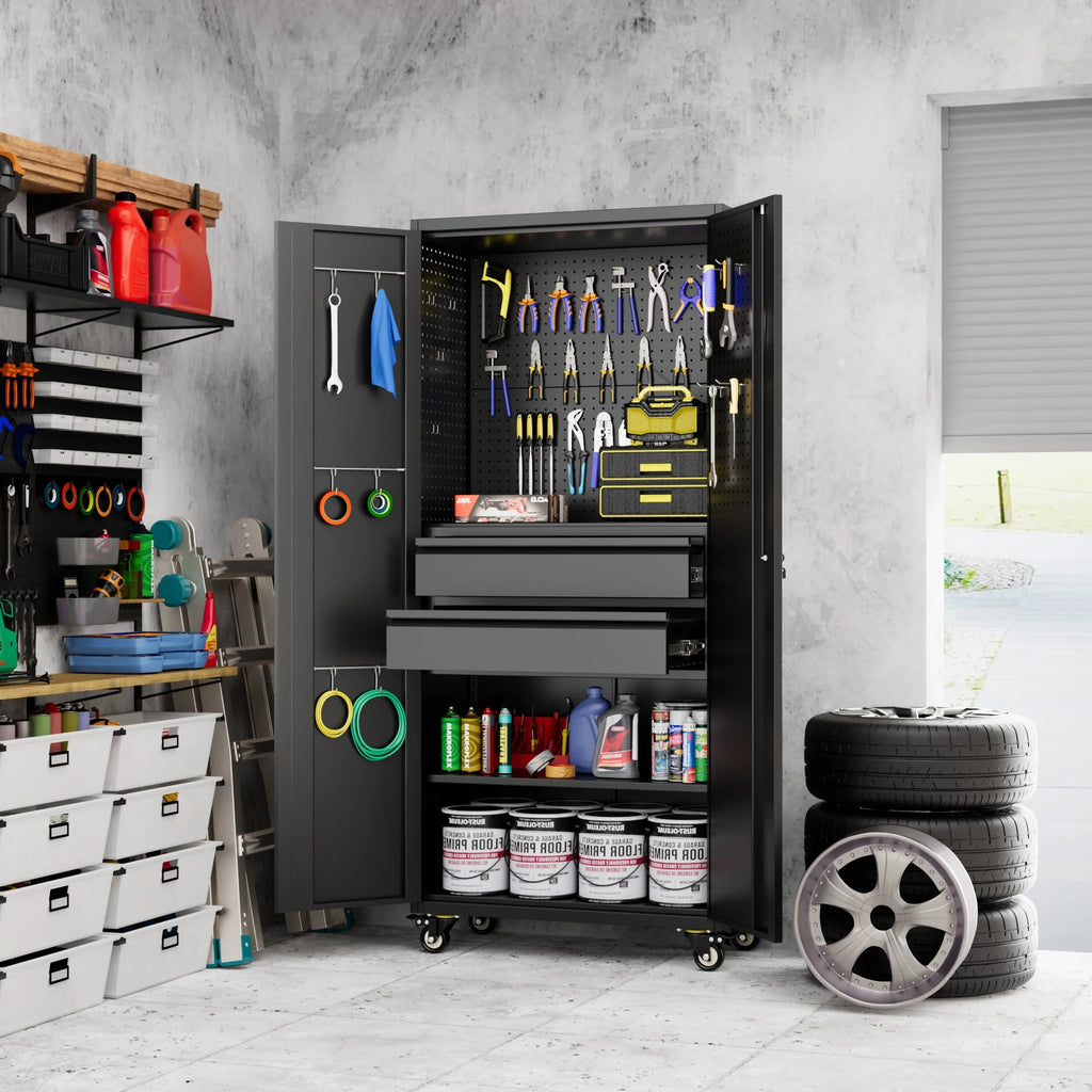Aobabo Metal Storage Cabinet with Lock, Garage Storage Cabinet with Wheels, 72in Steel Storage Cabinet for Garage Home Storage, Black Required - Assembly