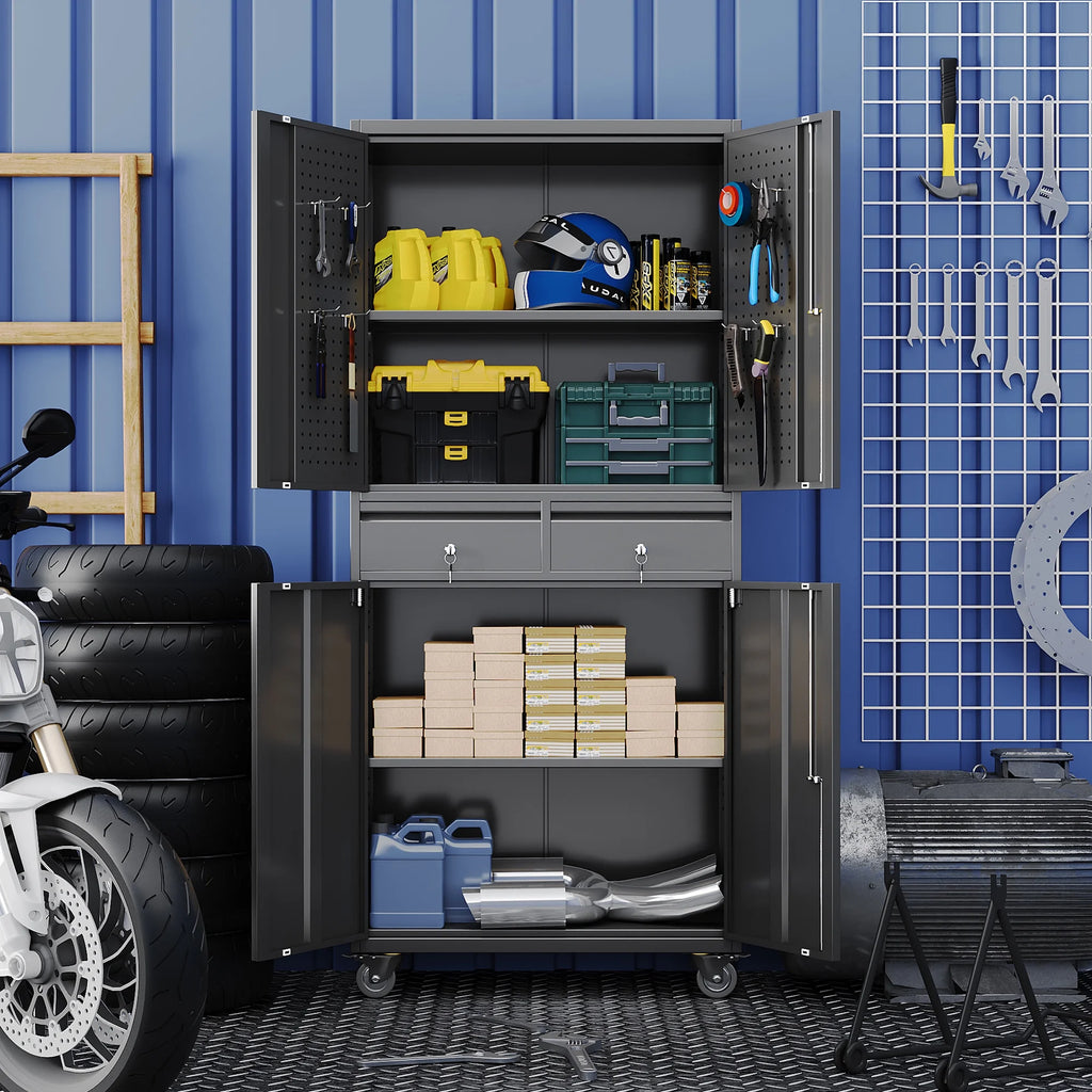 Aobabo Metal Storage Cabinet with Lock, Garage Storage Cabinet with Wheels, 72in Steel Storage Cabinet for Garage Home Storage, Black Required - Assembly