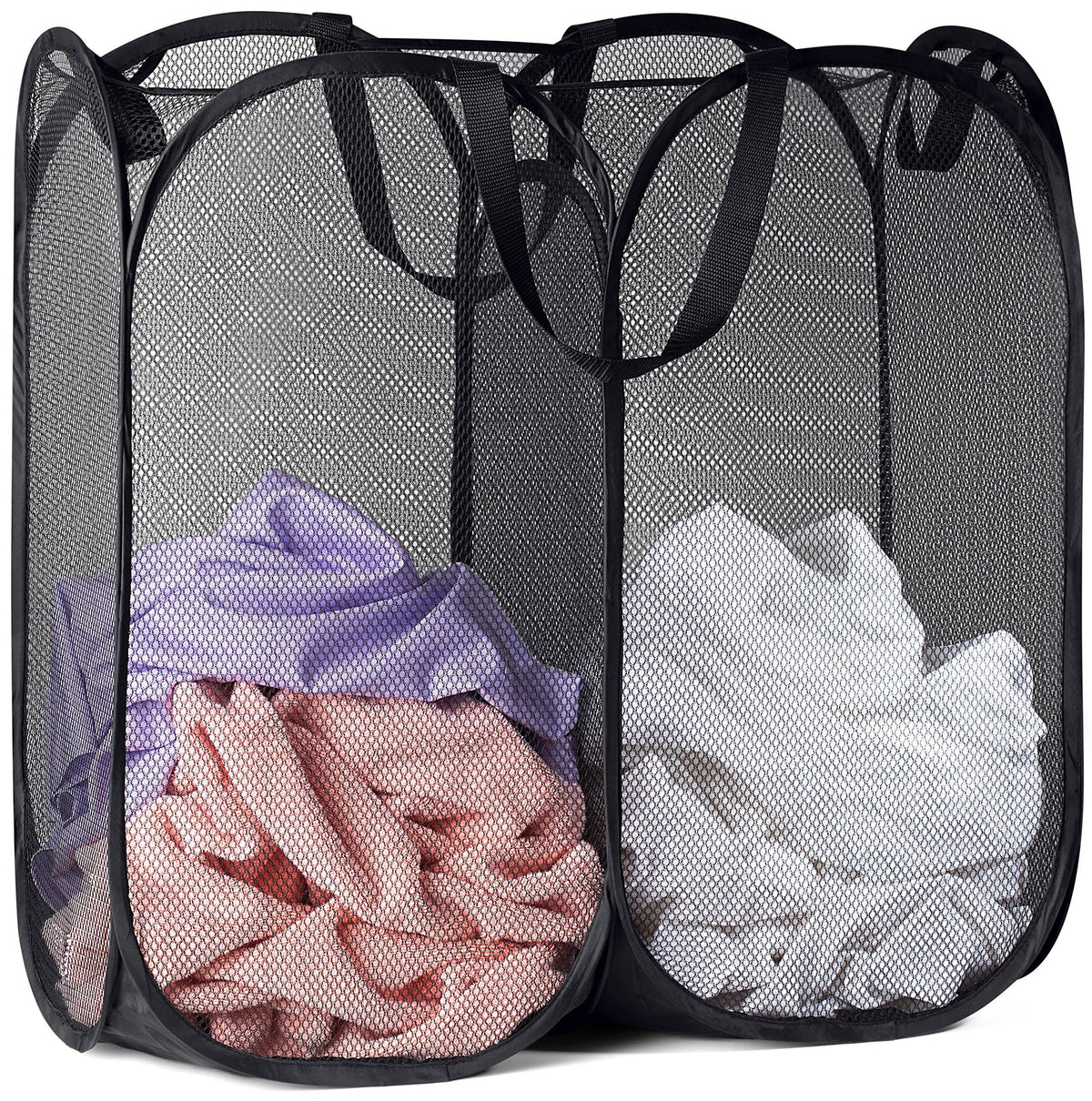 Handy Laundry Mesh Popup Laundry Hamper - Two Compartments, Collapsible for Storage and Easy to Open. Folding Pop-Up Clothes Hampers Are