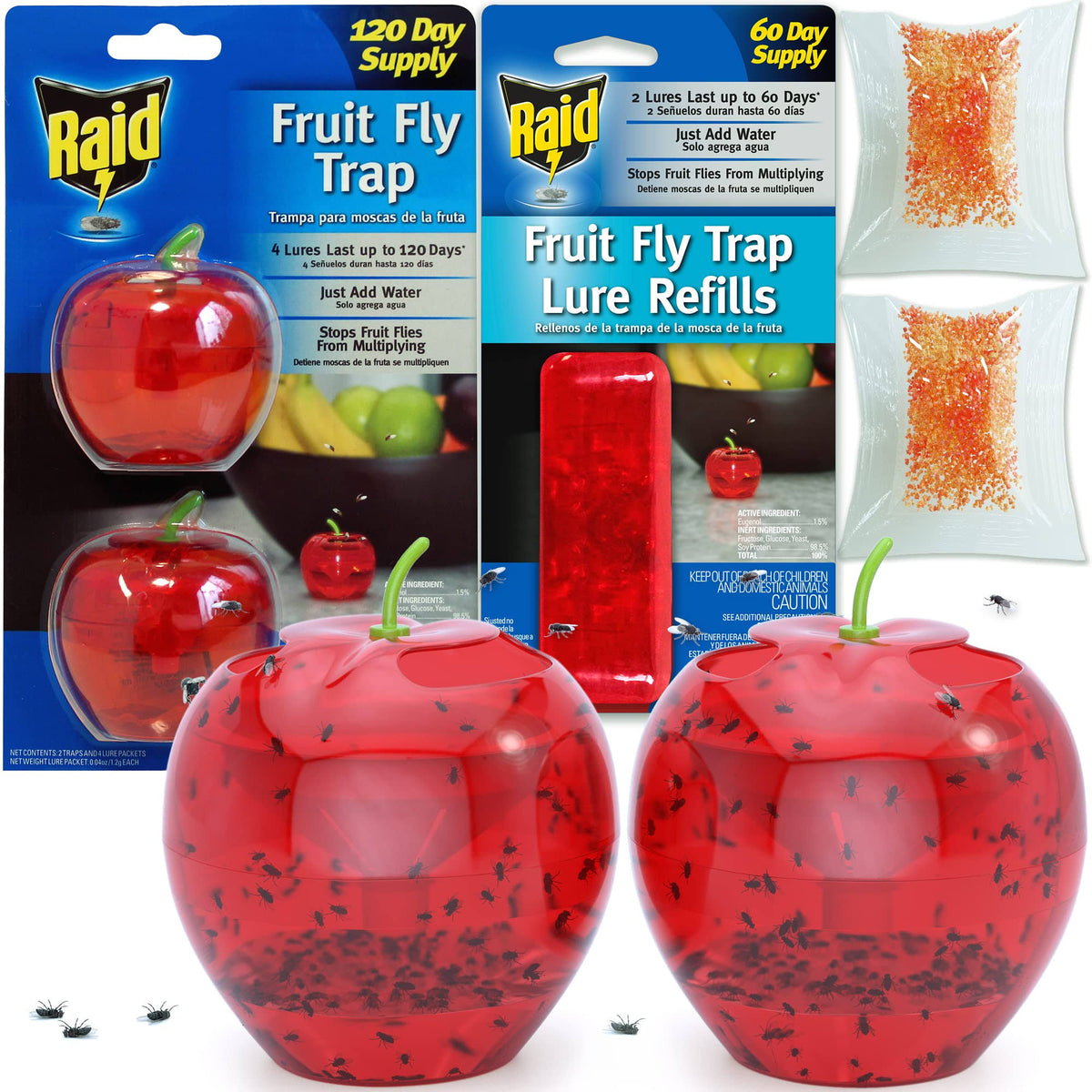 Raid Fruit Fly Trap (2 Pack Bundle) | 2 Lures + 2, Red
