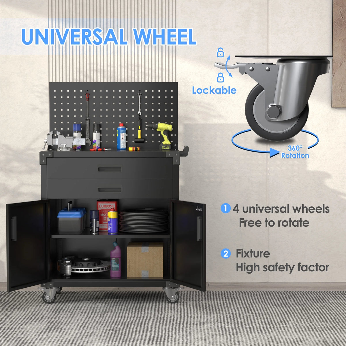 Aobabo Metal Storage Cabinet with Lock, Garage Storage Cabinet with Wheels, 72in Steel Storage Cabinet for Garage Home Storage, Black Required - Assembly
