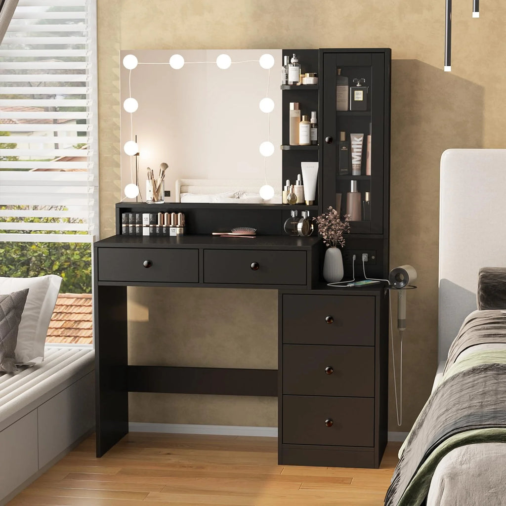 VEANERWOOD Makeup Vanity Desk with Lighted Mirror and Power Strip, Modern Vanity Table with 5 Drawers, White