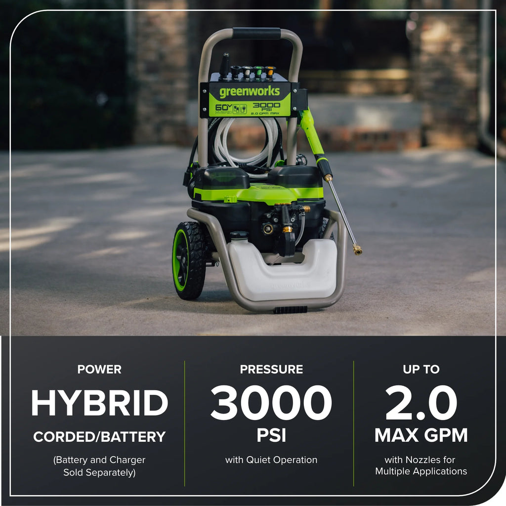 Greenworks Hybrid 60V 3000 MAX PSI at 2.0 GPM MAX Electric Pressure Washer + (2) 5.0ah Batteries & Dual - Port Charger 5128202