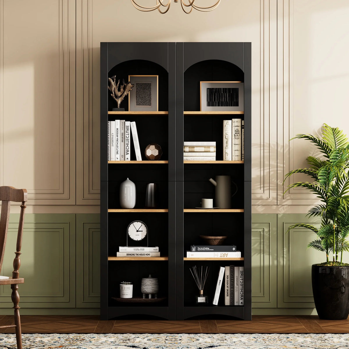 72"h Pantry Pair, 2, Adjustable Shelves, , Black Finish 2 Bookcase, Cabinet with Vintage Style
