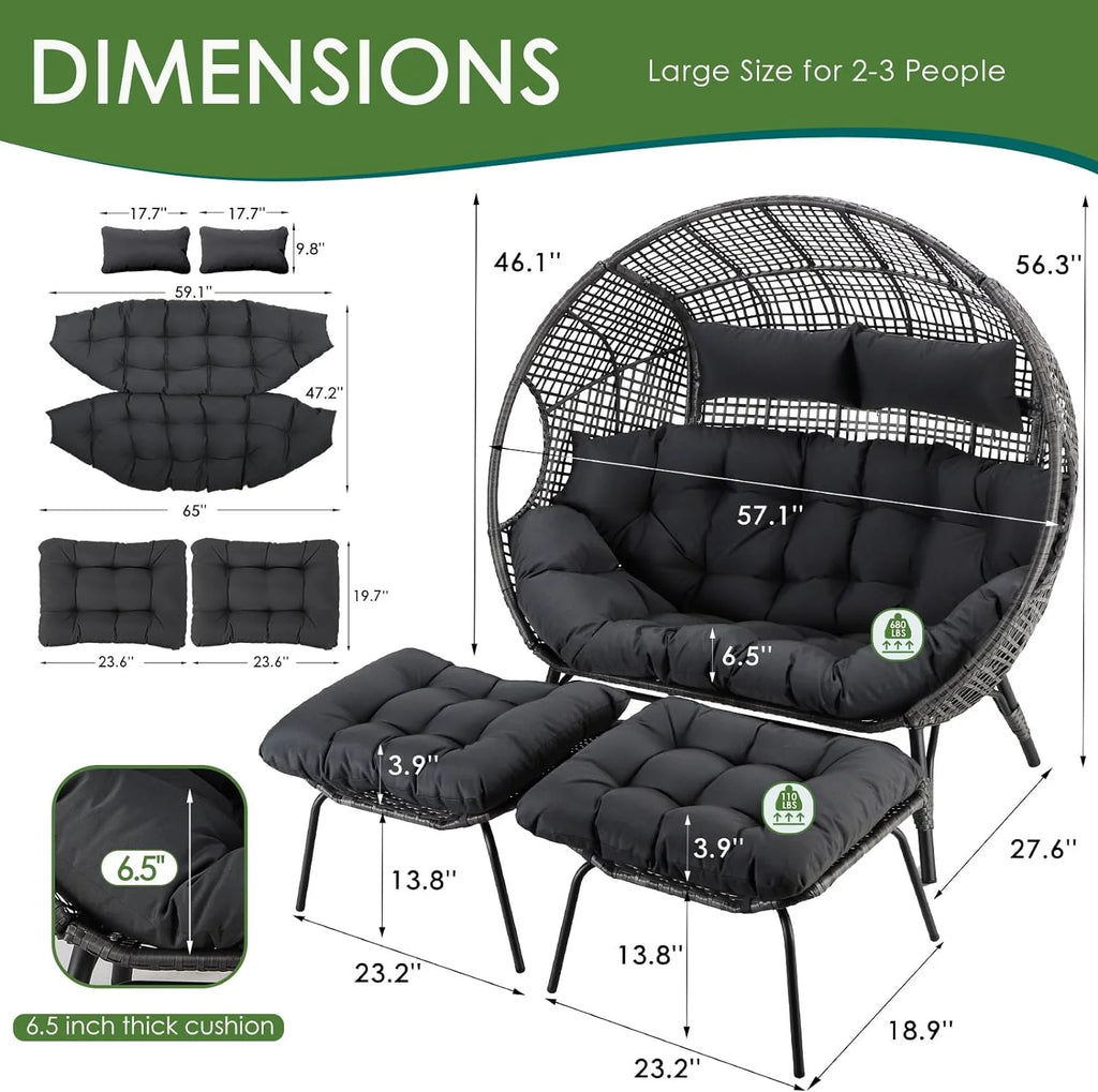 RADIATA 440 lb Outdoor Egg Chair with Foot Rest & Ottoman, Wicker Patio Egg Chair for Indoor or Garden, Beige