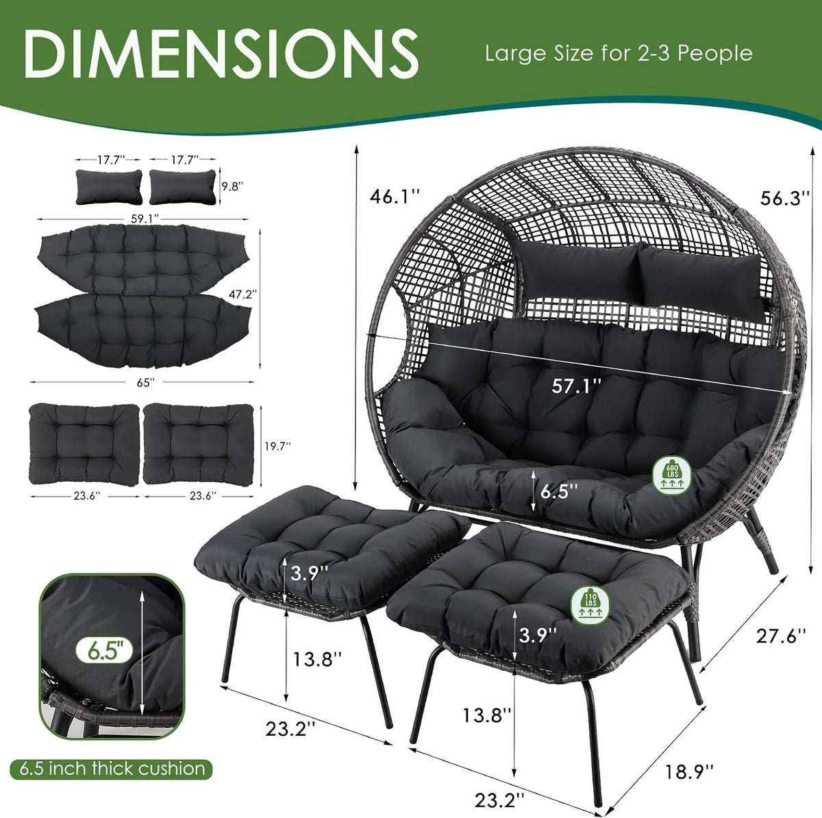 RADIATA 440 lb Outdoor Egg Chair with Foot Rest & Ottoman, Wicker Patio Egg Chair for Indoor or Garden, Beige