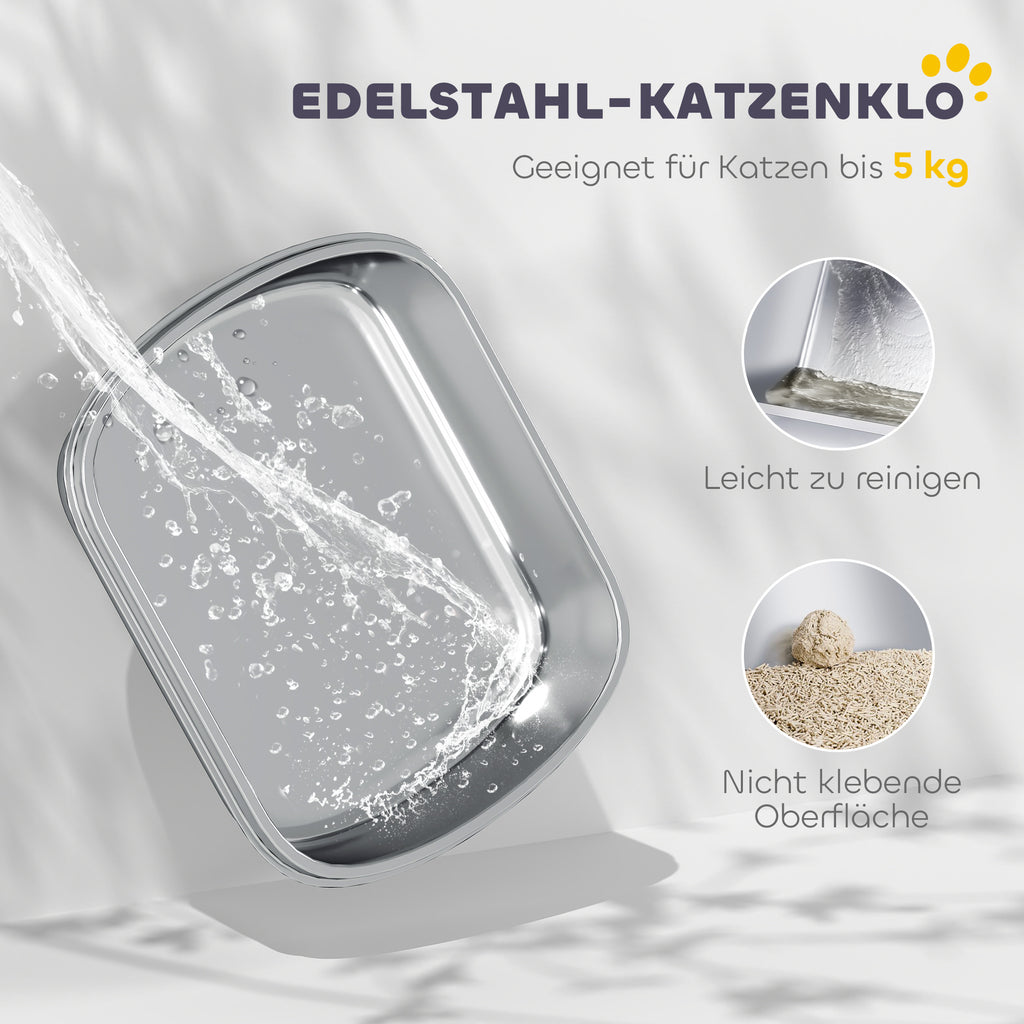 PawHut Katzentoilette Edelstahl, geschlossene Katzentoilette mit Schaufel, Geruchsbeutel, Einstieg Ausgang
