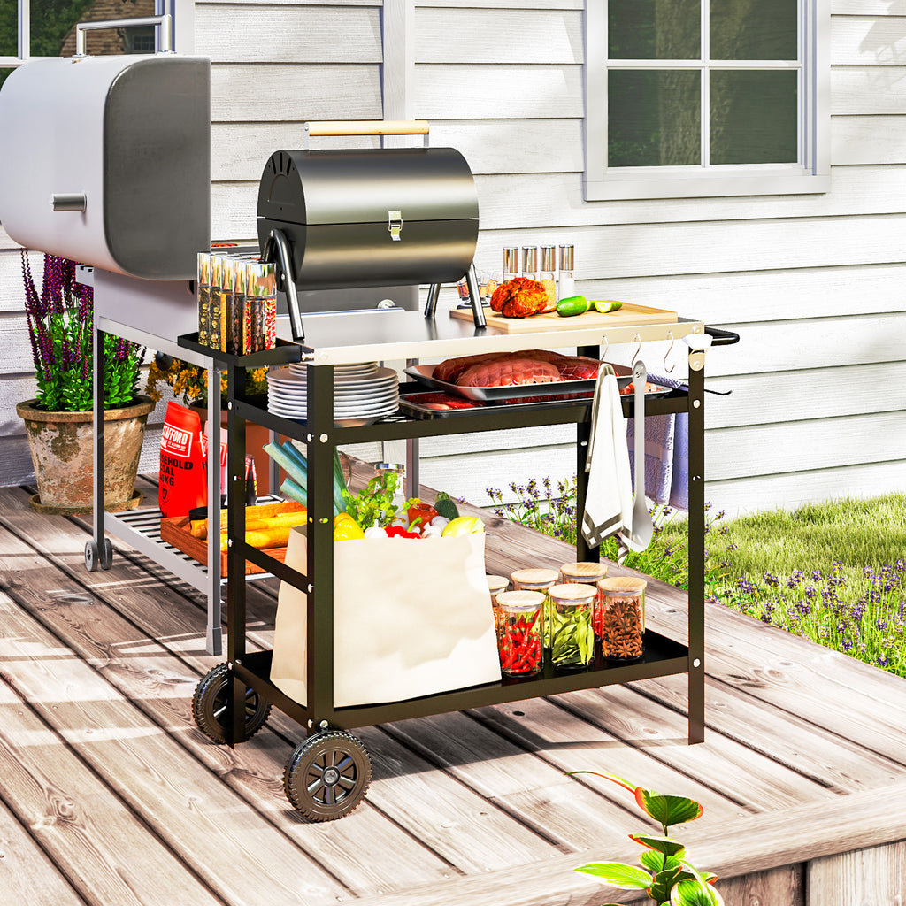 Outsunny Grillwagen 3-Etagen Servierwagen mit Arbeitsfläche Griffe Hülle Räder, BBQ Grilltisch Edelstahl 100x52x80cm Schwarz