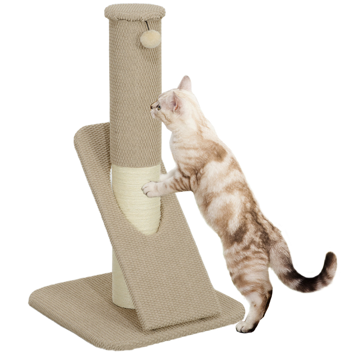PawHut Kratzbaum für Katzen, mit Pad, Säule und Spielball, Teppich und Sisal, 84 cm, Hellbraun