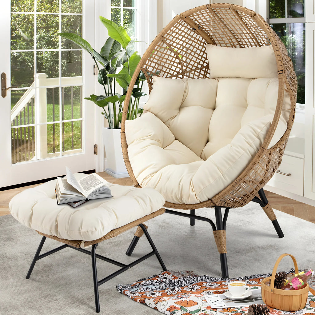 RADIATA 440 lb Outdoor Egg Chair with Foot Rest & Ottoman, Wicker Patio Egg Chair for Indoor or Garden, Beige