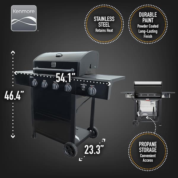 Kenmore 4 Burner Open Cart Propane Gas BBQ Grill with Side Burner. Black