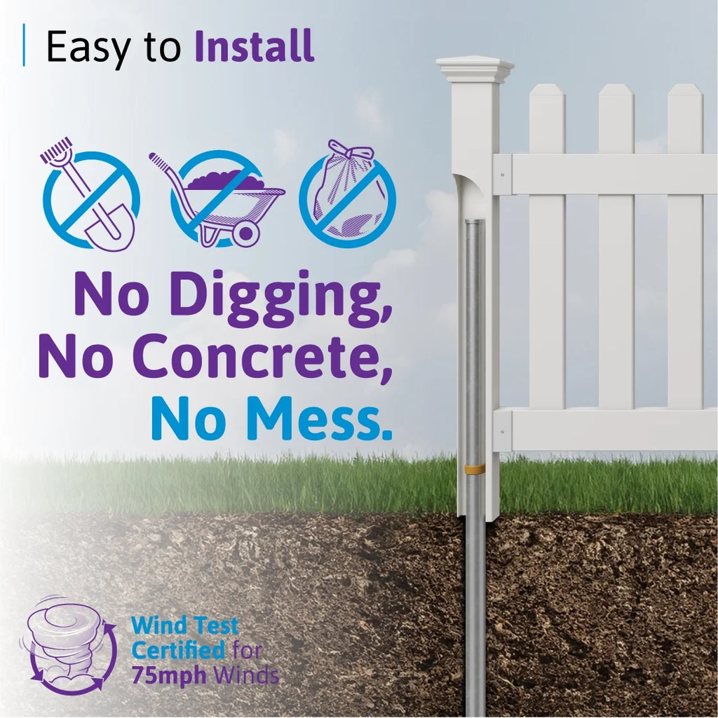 3ft H x 6ft W (1 Panel + 1 Post) No Dig Wambam Newport Fence Kit, White Vinyl Picket Fence, Easy Install Outdoor Fence for Backyard or Patio, DIY Decorative Fencing, ZP19002