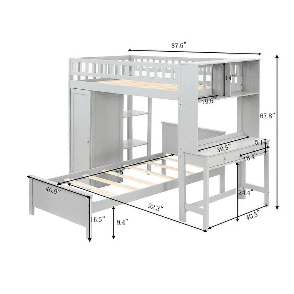 Twin Loft Bed with Closet & Desk, Wood Bed Frame with Movable Bed, Bunk Bed for Kids Adult, Gray
