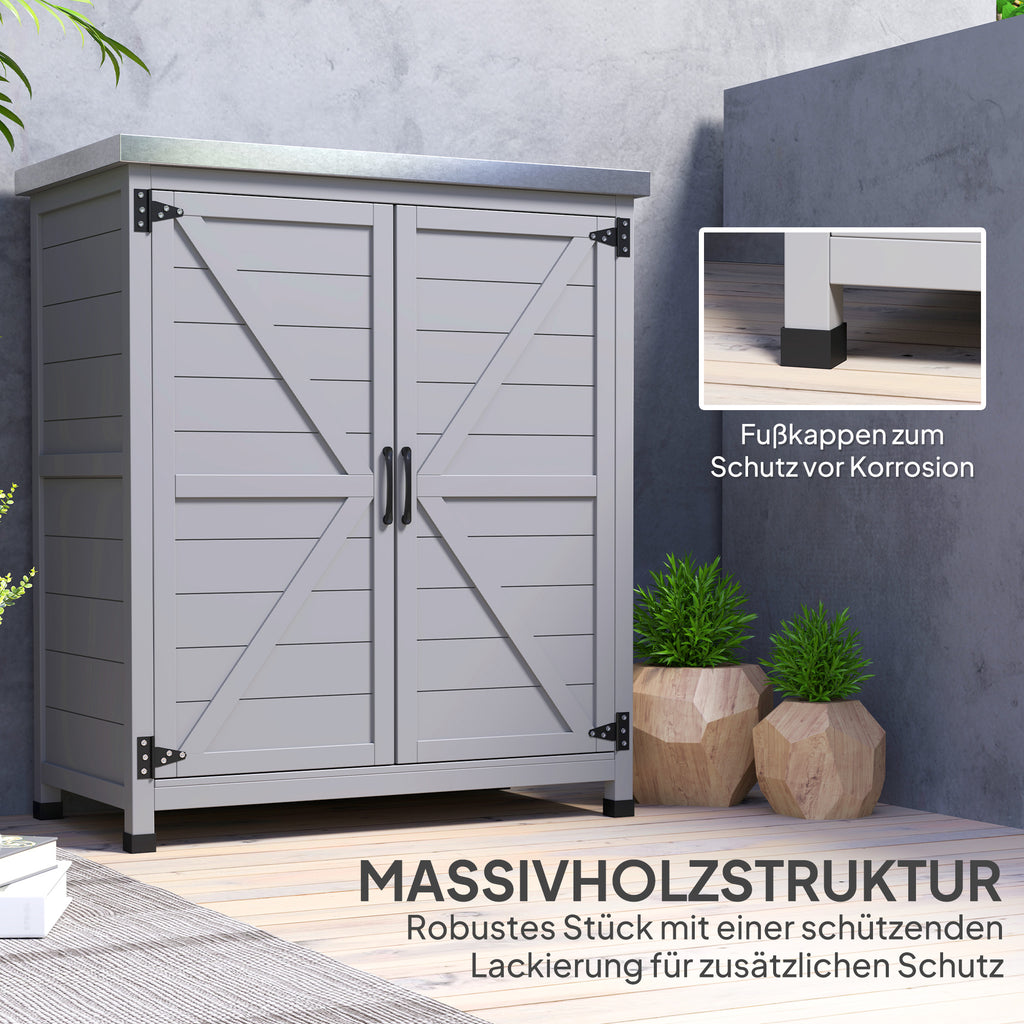 Outsunny Gartenschrank, Außenschrank mit Arbeitsfläche, Werkzeugschrank, Massivholz, Stahl, 79B x 43T x 92H cm, Grau