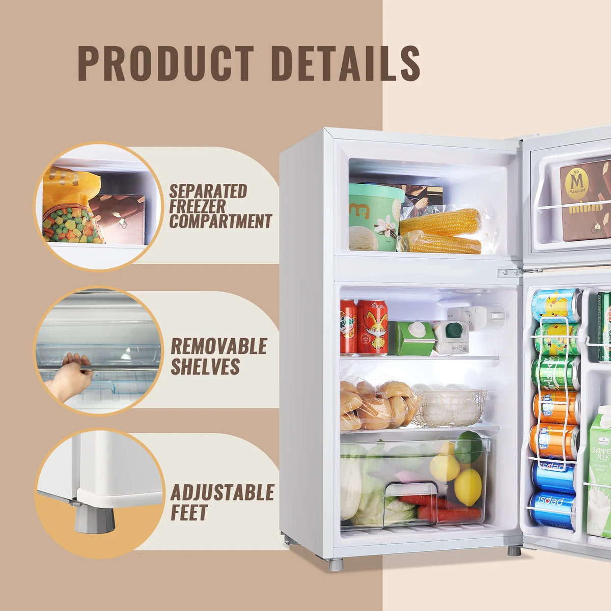 WANAI 3.5 Cu.ft Fridge with Freezer 2 Door Compact Refrigerator Adjustable Thermostat Silver New