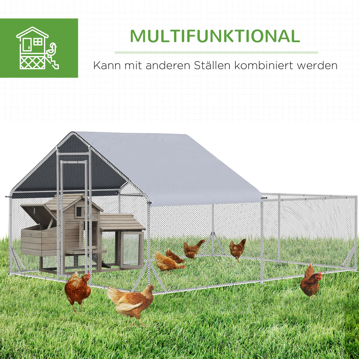 PawHut Zwerghühnerstall, wetterbeständig, begehbarer Stall, Stahlgitter, 400 cm x 300 cm x 195 cm, Silber