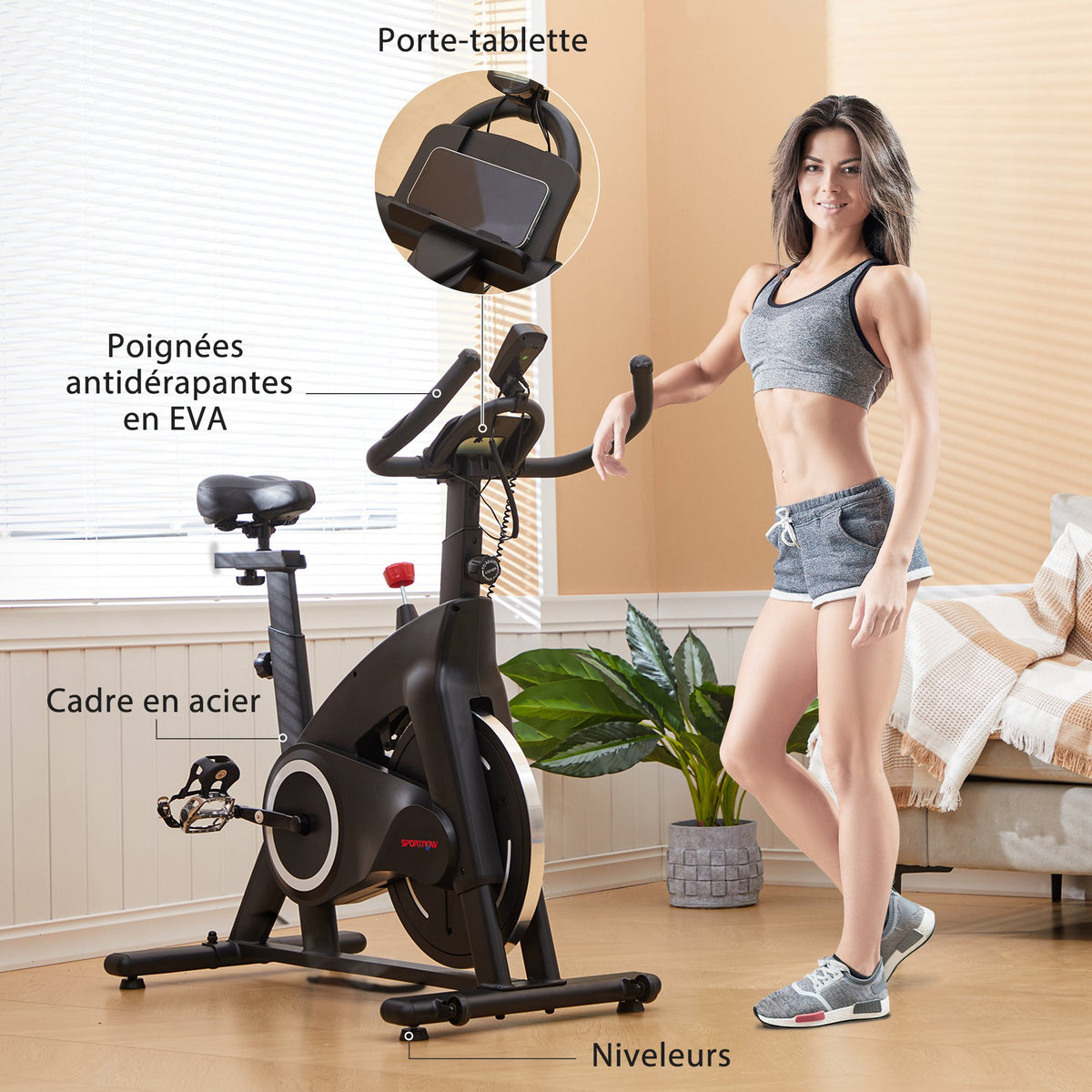 SPORTNOW Leises Fitness-Heimtrainerfahrrad mit verstellbarem Widerstand, Sattel und Lenker, LCD-Bildschirm, Tablettenhalterung, Schwarz